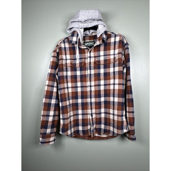 American Eagle AE Removable Hoodie Flannel Plaid Button Up Brown Blue Men's XS - Picture 2 of 11